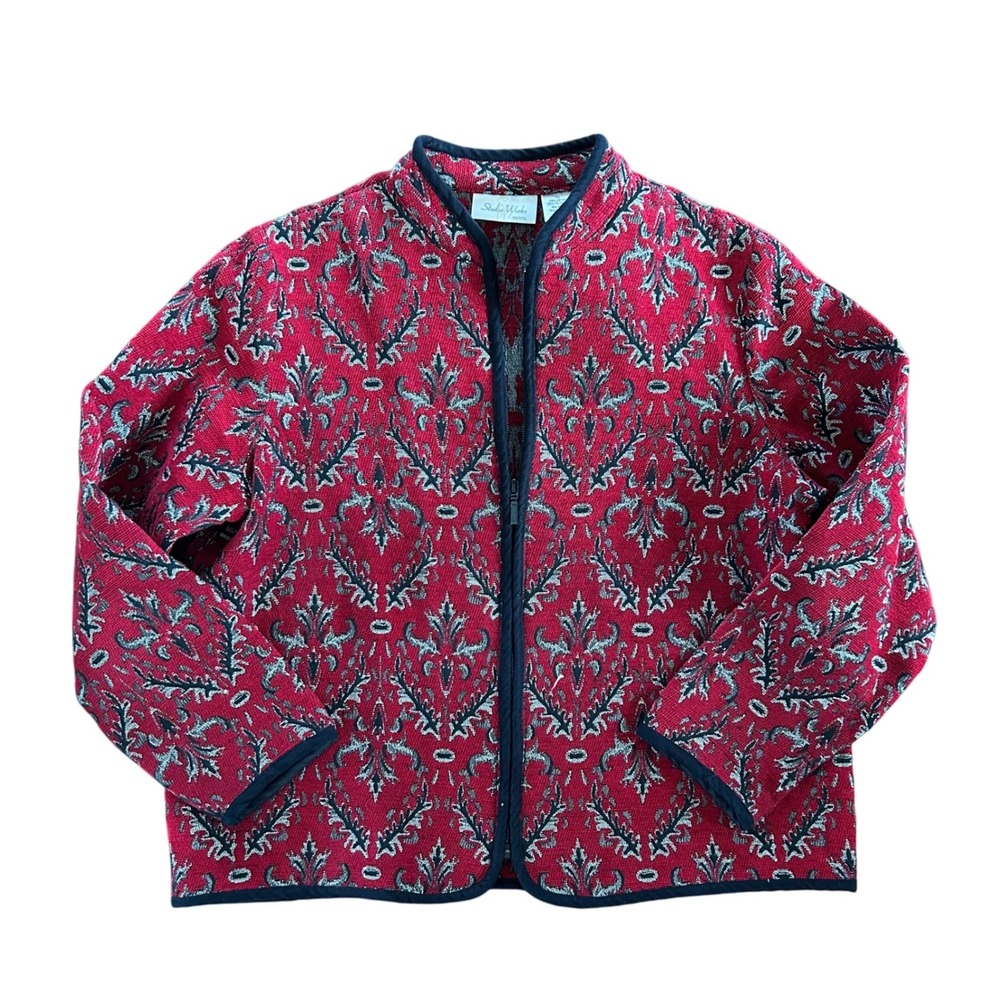 Vintage Studio Works Red‎ Black Silver Tapestry Blazer Jacket Size Medium Petite